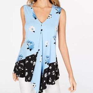 Alfani Blue Floral V-Neck Handkerchief Hem Tank